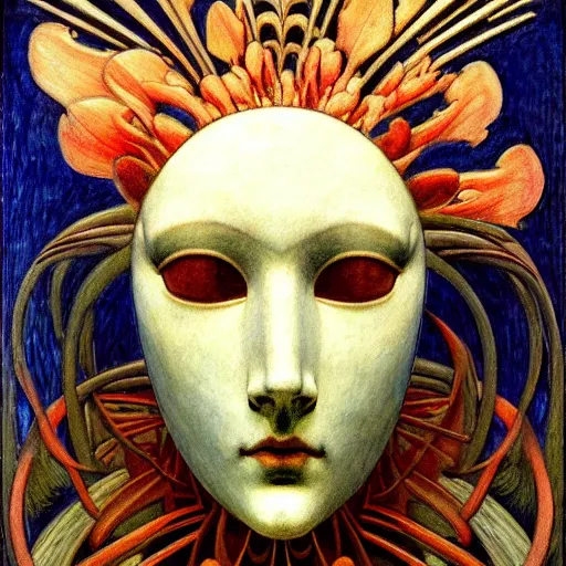 Image similar to masterpiece painting of a facemask made of stylized flowers, by annie swynnerton and jean delville and tino rodriguez and john watkiss, flower mask, art deco shaman, art brut, symbolist, dramatic lighting, god rays, elaborate geometric ornament, clean crisp graphics, soft cool colors, smooth, sharp focus, extremely detailed