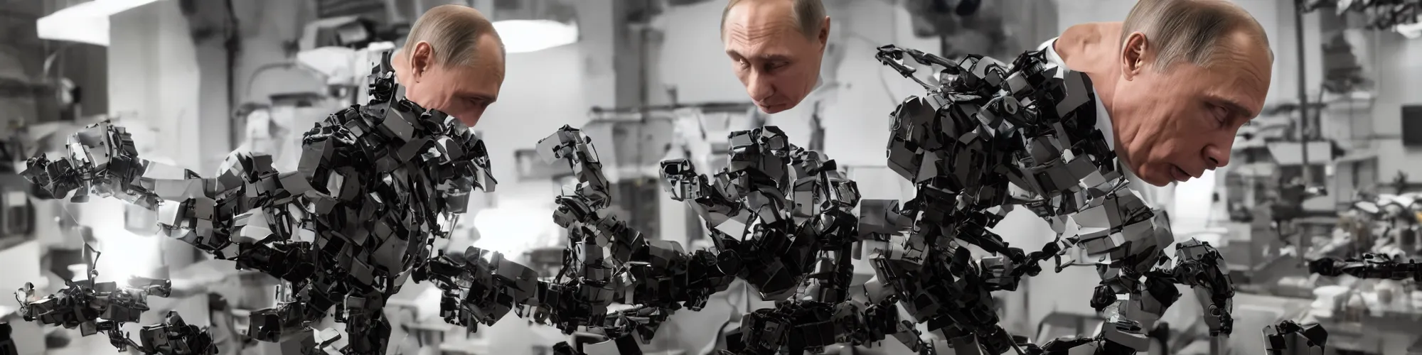 Image similar to vladimir putin putting the finishing touches on a small weaponized robot, cinematic moody lighting, smoky laboratory, sharp focus, imax