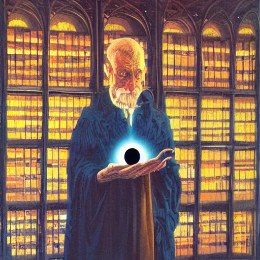 Prompt: a beautiful painting of an advanced techno wizard holding a highly detailed ball of magic in their hand while standing in a dimly lit library by bruce pennington, german romanticism