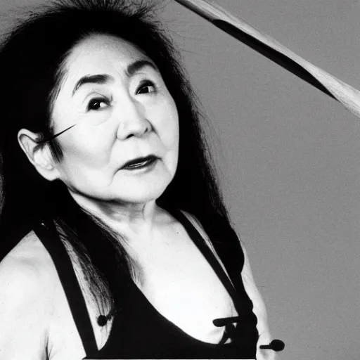 Prompt: yoko ono flying on a broomstick, lighting in the skies, 4k