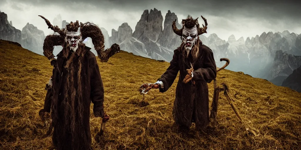 Image similar to alpine farmer transforming into a krampus ,roots and hay coat, dolomites in background, dark, eerie, despair, portrait photography, artstation, highly detailed, sharp focus, by cronneberg