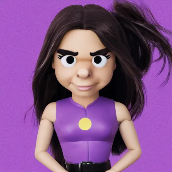 Image similar to Hailee Steinfeld as Kate Bishop as a Muppet in New York City, Marvel, Hawkeye, blush, symmetrical face, intricate, face, blue iris eyes, black hair, slim face, young adult, elegant, light purple mist, cityscape, highly detailed, dramatic lighting, sharp focus, trending on artstation, artstationHD, artstationHQ, unreal engine, 4k, 8k