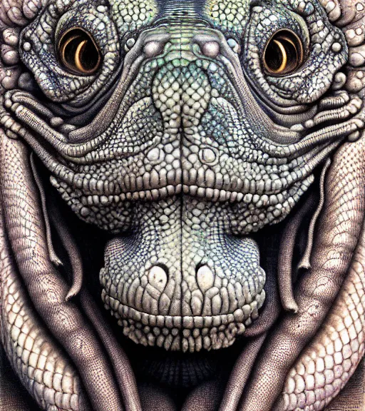 Prompt: detailed realistic beautiful iguana goddess face portrait by jean delville, gustave dore, iris van herpen and marco mazzoni, art forms of nature by ernst haeckel, art nouveau, symbolist, visionary, gothic, neo - gothic, pre - raphaelite, fractal lace, intricate alien botanicals, ai biodiversity, surreality, hyperdetailed ultrasharp octane render