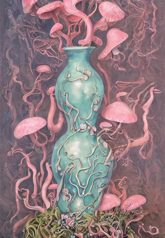 Prompt: a biomorphic painting of a vase with flowers and eyeballs in it, a surrealist painting by marco mazzoni, by dorothea tanning, pastel blues and pinks, pink oyster mushrooms, bees, featured on artstation, metaphysical painting, oil on canvas, fluid acrylic pour art, airbrush art, seapunk, rococo, lovecraftian