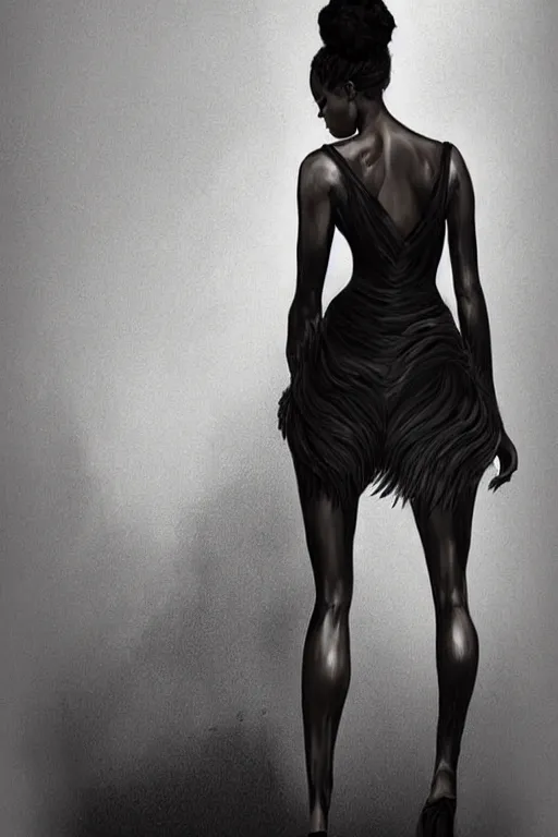 Prompt: epic professional digital art of stunningly gorgeous black femme fatale woman wearing a short dress and heels, standing with her back to us, in a black runner city at night, by leesha hannigan, iris van herpen, artstation, cgsociety, wlop, epic, much wow, much detail, gorgeous, detailed, masterpiece