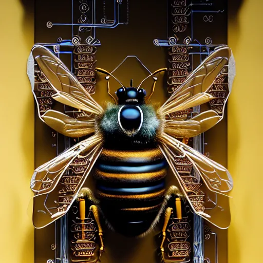 Image similar to A photorealistic 3d render of a robot Bee made of circuits wide view shot by ellen jewett , tomasz alen kopera and Justin Gerard symmetrical features, ominous, magical realism, texture, intricate, ornate, royally decorated, android format, windows, many doors, roofs, complete house , whirling smoke, embers, red adornments, red torn fabric, radiant colors, fantasy, trending on artstation, volumetric lighting, micro details, 3d sculpture, ray tracing, 8k