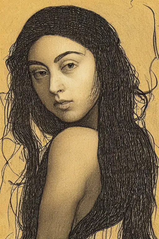 Prompt: a portrait of charli xcx in the style of leonardo da vinci drawing,, single head, no double head,