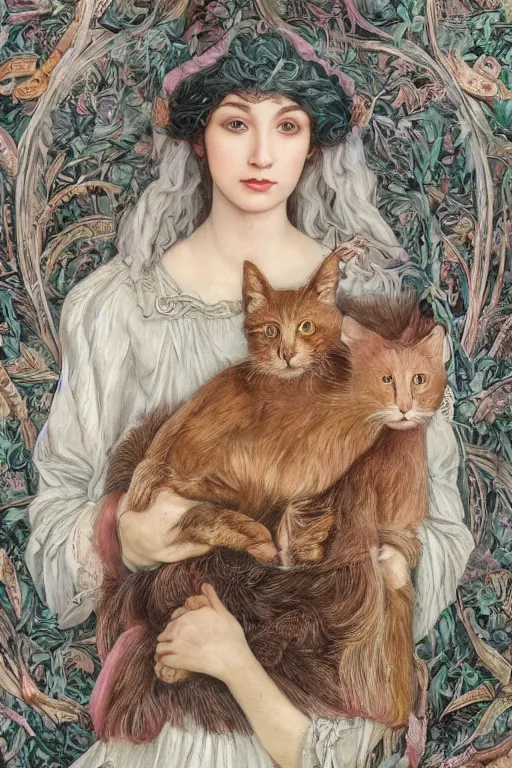 Image similar to An extremely beautiful pre-raphaelite portrait of a cute witch and her cat, surreal, ultradetailed, intricate, elegant, detailed, digital painting, artstation, concept art, smooth, sharp focus, illustration, regal, award winning picture, extremely detailed masterpiece, sense of awe, featured on artstation, Artgerm, effervescent punk kawaii-noir pastel bubbles, winning award piece, ethereal rainbows, Aetherpunk, Exquisite details