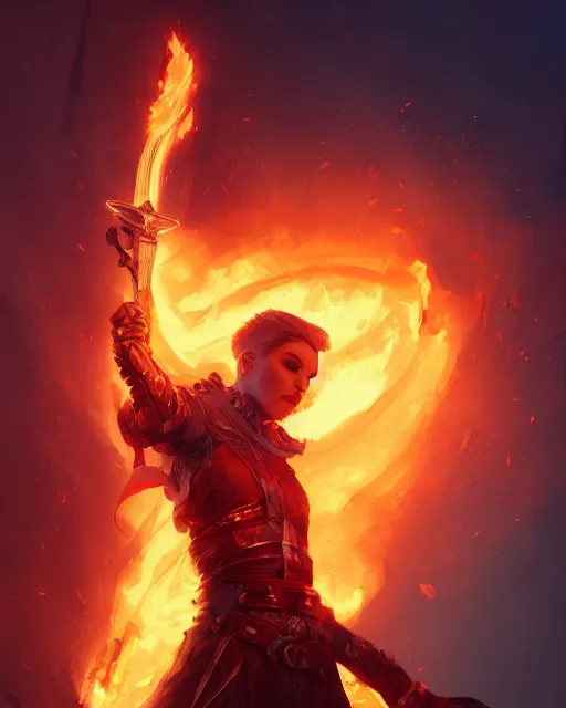 Prompt: Portrait fire warrior, flames, sword, artgerm, andrei riabovitchev, nuri iyem, james gurney, james jean, greg rutkowski, highly detailed, dramatic lighting 8k resolution