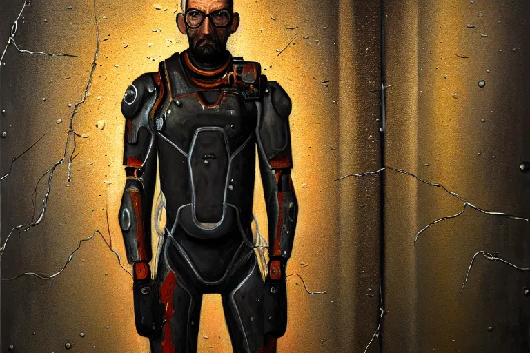 Image similar to photorealistic oil painting of gordon freeman in a damaged, scratched and worn down hev suit, night, rain, dense fog, dark room, cinematic, volumetric lighting, f 8 aperture, cinematic eastman 5 3 8 4 film, photorealistic