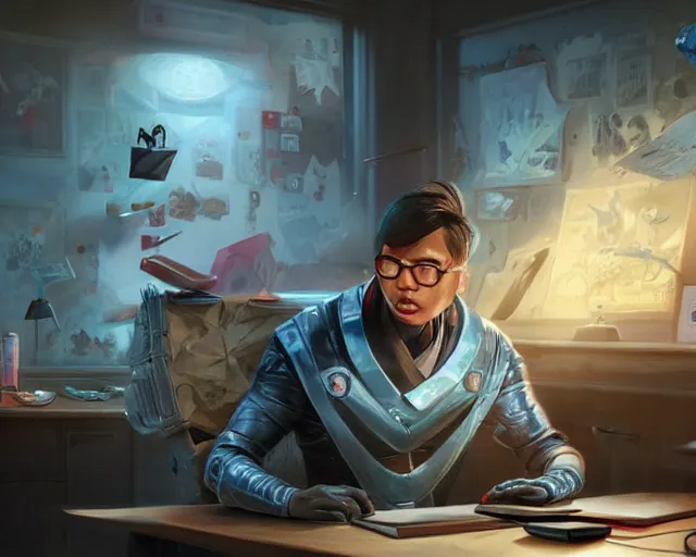 Image similar to an insanely detailed painting of a nerdy asian man wearing a superhero costume, sitting at a desk, staring at the nervously at the computer and typing, in the style of peter mohrbacher, dramatic lighting and composition, surreal background, octane render, pixar, trending on artstation, concept art, comic book, view from behind