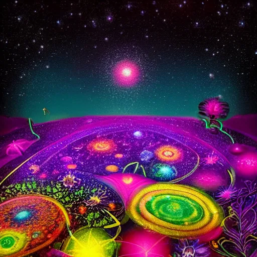 Prompt: neon flower garden with galaxy and planets in background night sky
