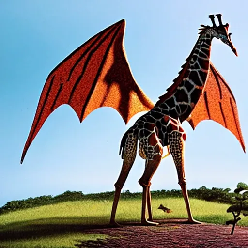 Image similar to giraffe with big blue feathered dragon wings on its back, full body shot, by studio ghibli