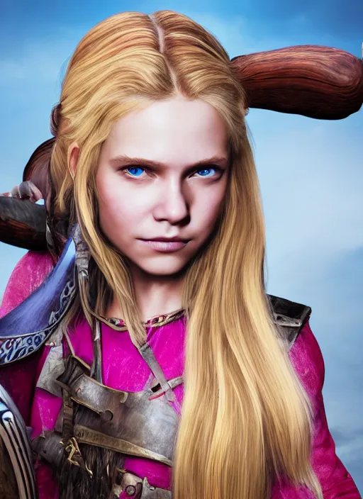 Prompt: An epic fantasy comic book style portrait painting of a young girl with long blonde hair and blue eyes. Wearing brown and magenta leather tribal combat clothes. She is holding hunting bow. Unreal 5, DAZ, hyperrealistic, octane render, cosplay, RPG portrait, dynamic lighting