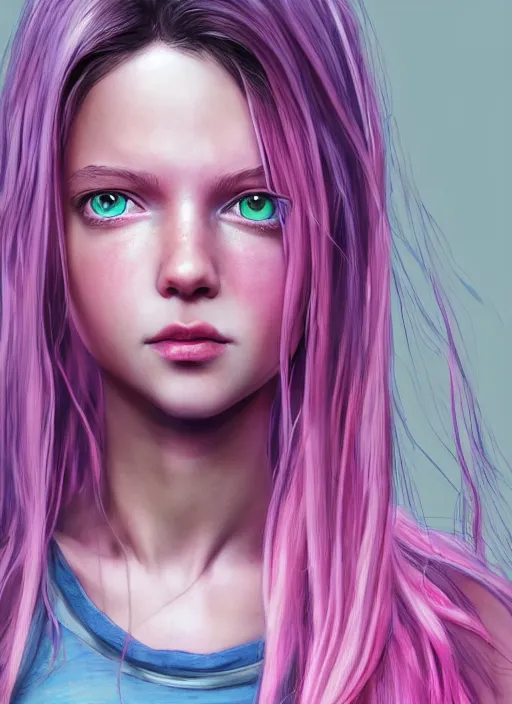 Prompt: highly detailed concept art for the main character in the award winning film named life is better in pink. the character is a unnaturally beautiful teenage girl with deep dark blue eyes, long curled pink dyed hair, wearing light pink clothes. realistic cg render, anatomically correct, high key lighting, trending on art station, vibrant colors. black eyebrows.