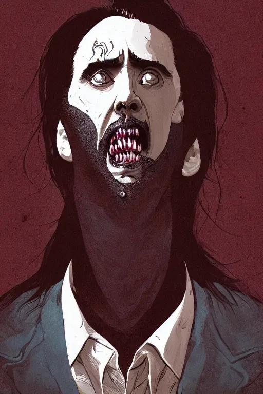 Image similar to nicolas cage in sleepy hollow, full body, big two toned eyes, teeth gritted, horror, intricate details, cinematic, epic, realistic, anatomy, tomer hanuka, uplight, artstation, photorealistic, scary