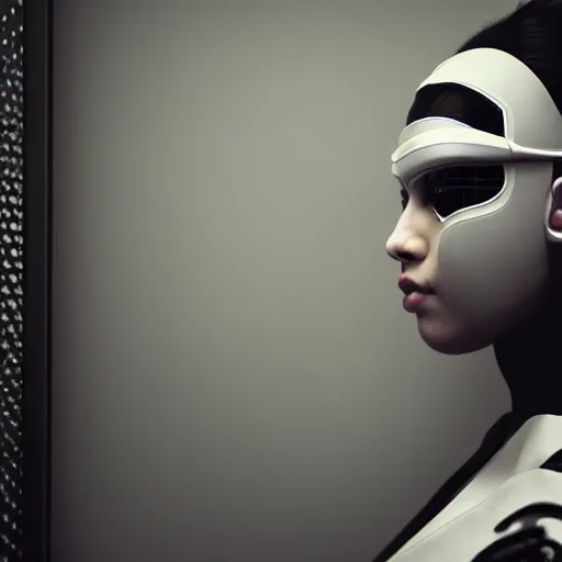 Prompt: a hyper realistic futuristic, minimal, stunningly cyborg tradition geisha photograph, covering face with a intricate sci - fi equipment, high fashion, in a dark futuristic room, metal gear solid, dark moody backlighting, paper door, ray tracing, ambient light, octane render,