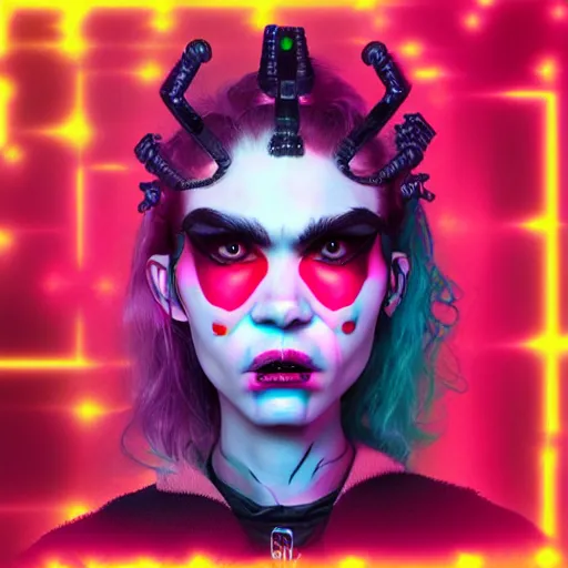 Image similar to album cover of Grimes as a highly detailed neon super villain character, trending on artstation, concept matte