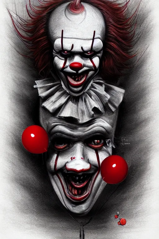 Image similar to surrealism grunge cartoon portrait sketch of Pennywise with a wide smile and a red balloon by - michael karcz, loony toons style, freddy krueger style, horror theme, detailed, elegant, intricate