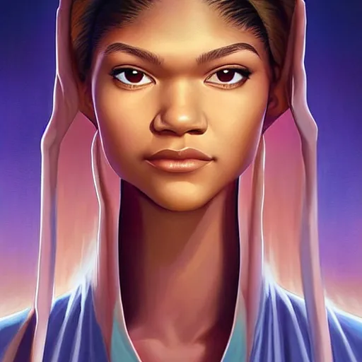 Prompt: a painting of Zendaya as the Messiah by Ross Tran, Bruce Timm and Vladimir Kush, highly detailed digital art, holy aura, serene expression