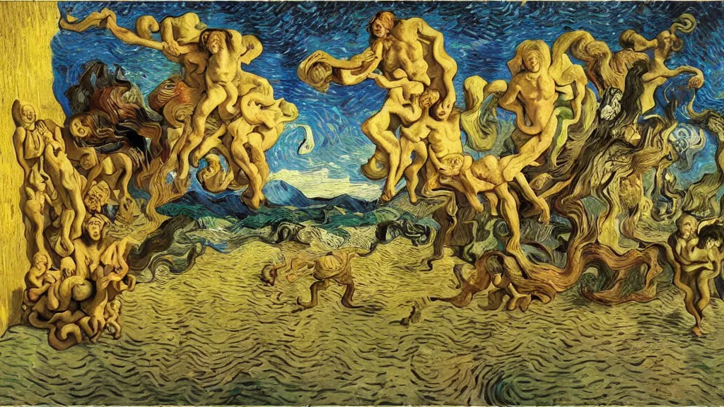 Image similar to psychoautistic scene of a divine moment, 4K, Rococo & Precisionism, colorized, by collaboration of Salvador Dali, Van Gogh and M. C. Escher