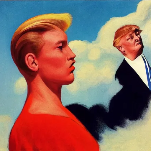 Prompt: highly detailed propaganda poster portrait of the leader of fascist usa, donald trump looking into the distance 1 9 5 0, by edward hopper