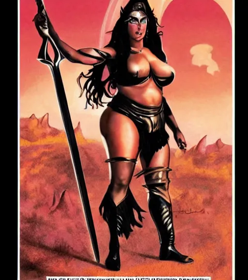 Prompt: 1 9 8 0 s fantasy novel book cover, bbw plus size amazonian angelina jolie in extremely tight bikini armor wielding a cartoonishly large sword, exaggerated body features, dark and smoky background, low quality print
