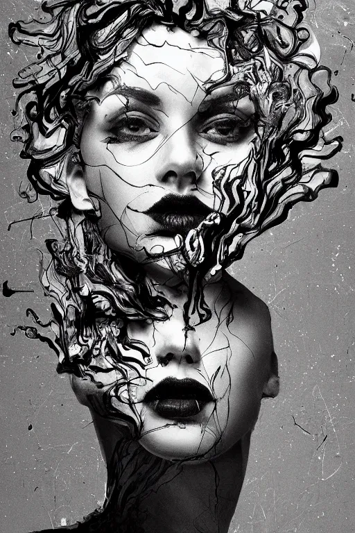 Image similar to distorted detailed painting of a woman made of ink cloud smoke, hyper detailed, trending on Artstation