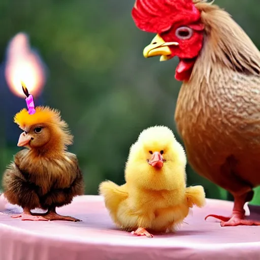 Prompt: a fluffy downed baby chick with a rooster they see a birthday cake having 3 candles