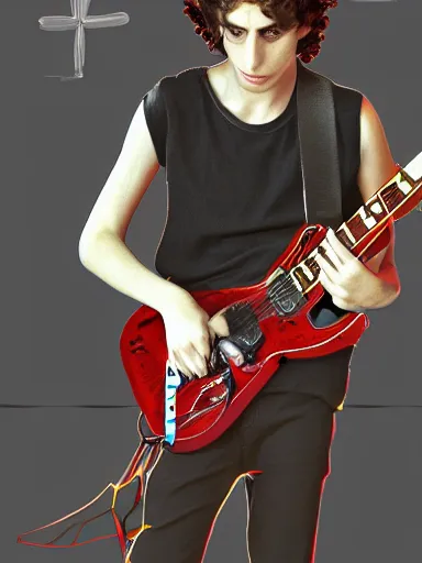 Image similar to timothee chalamet disguised as satan, playing electric guitar, photorealist, digital art, artstation, 4 k