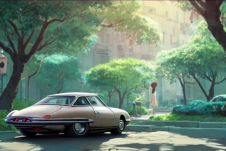 Prompt: a wholesome animation key shot of!! one!! focused! 1 9 7 4 citroen ds! in a tree lined paris street, medium shot, studio ghibli, ( pixar ) and disney animation, sharp, very detailed, high resolution, rendered in unreal engine 5, anime key art by greg rutkowski, bloom, dramatic lighting