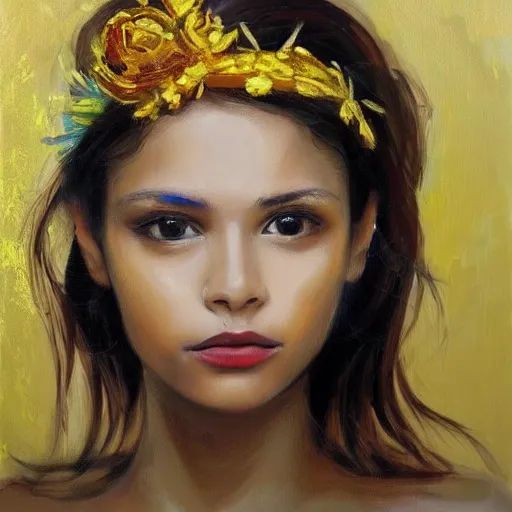 Prompt: a beautiful girl from colombia, fine arts, elegante composition, expensive art, gold