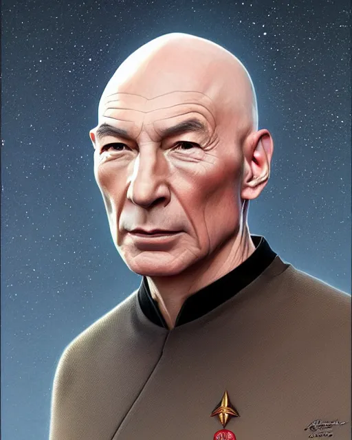 Image similar to Portrait of Jean Luc Picard but he is chinese, real life skin, intricate, elegant, highly detailed, artstation, concept art, smooth, sharp focus, art by artgerm and greg rutkowski and alphonse mucha