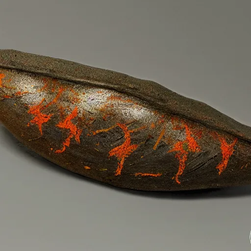 Prompt: an astragalus boeticus seed pod made of out clay, mural, raku, dynamic lighting, 8 k,