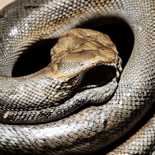 Image similar to large coiled snake with a chrome skull as the head, XF IQ4, f/1.4, ISO 200, 1/160s, 8K, RAW, unedited, symmetrical balance, in-frame