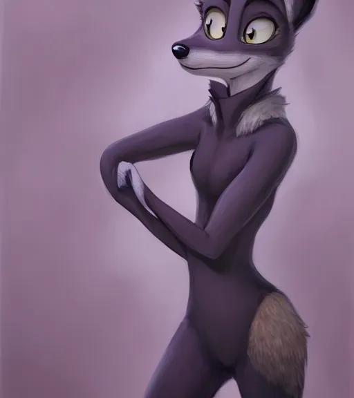 Image similar to oil painting of full body of anthromorphic female wolf, in style of zootopia, zootopia, zootopia, fursona, furry, furaffinity, 4 k, deviantart, furry art, fursona art, wearing black business suit, business suit, in style of zootopia, wolf fursona, cyberpunk, female, expressive detailed feminine face,