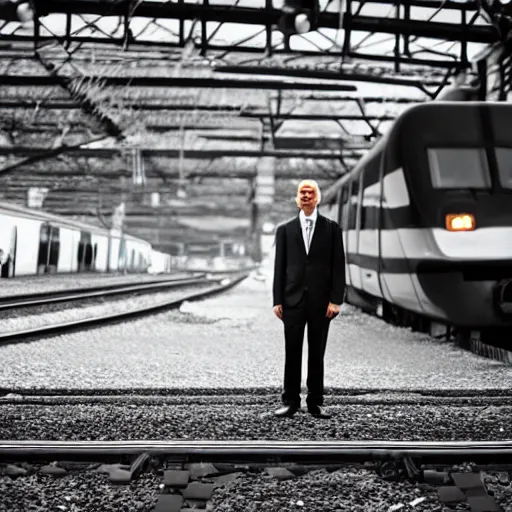 Prompt: a man in a suit waiting at a train station with a view of outer space on the other side of the tracks, award-winning photograph