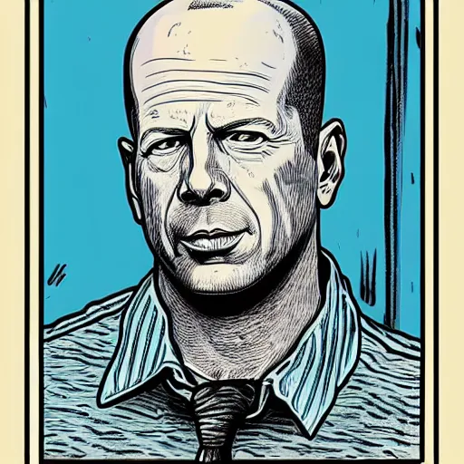 Image similar to a illustration portrait of Bruce Willis drawn by Robert Crumb