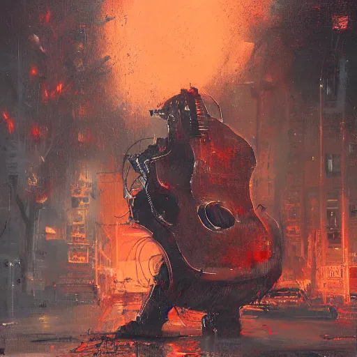 Image similar to a biomechanical robot playing guitar, flames shooting from guitar, ruined street, blood moon, by Jeremy Mann, stylized, detailed, realistic, loose brush strokes