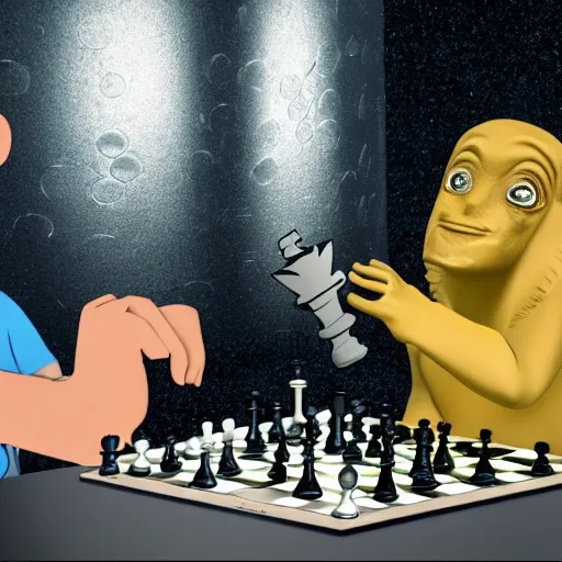 Prompt: photorealistic 8 k image of a giant in a tinfoil hat playing chess with aliens