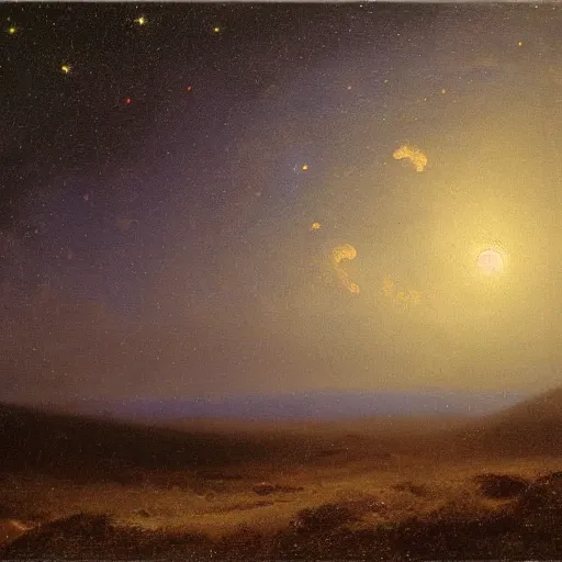 Prompt: night sky with clouds and stars, volumetric, canvas, very detailed, oil painting, canvas, Albert Bierstadt, Theodor Kittelsen