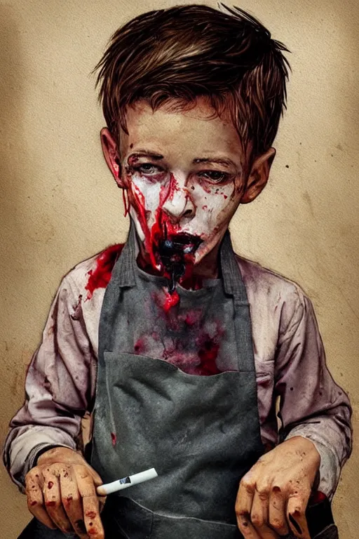 Prompt: a portrait of a boy butcher, smoking a cigarette, bloody apron, surrealism, dramatic lighting, textured paper, character study, watercolor painting by android jones