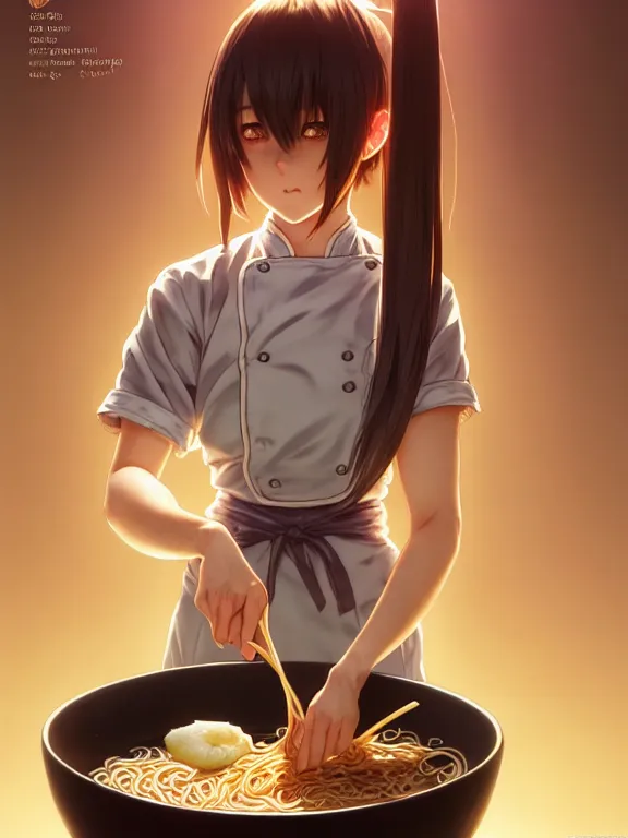 Image similar to full body picture of a rabbit ear girl making a ramen, bored, beautiful and aesthetic, intricate, unreal engine, neat hair, highly detailed, detailed face, smooth, sharp focus, chiaroscuro, manga illustration, artgerm, greg rutkowski, ilya kuvshinov, rossdraws, alphonse mucha, young adult light novel cover art