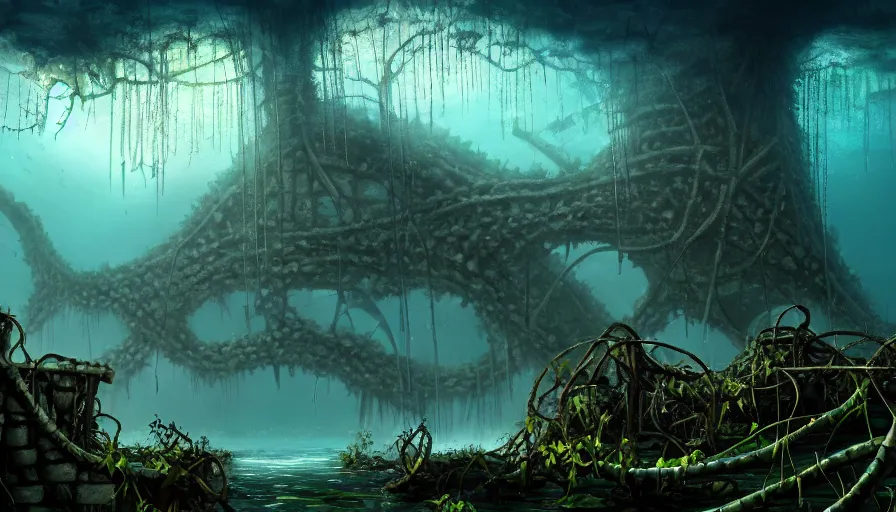 Image similar to giant skeleton in underwater ruins, vines, forest, hyperrealistic, highly detailed, cinematic, single ray, dark, beautiful, cgssociety, artstation, 8 k, oil painting