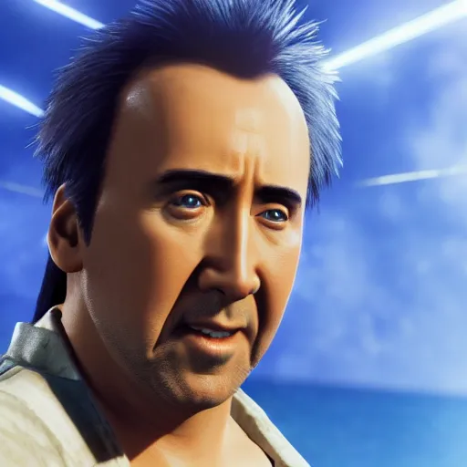 Prompt: Nicolas Cage JRPG FFX cinema 4d render, Ray tracing reflection, natural lighting, award winning photography