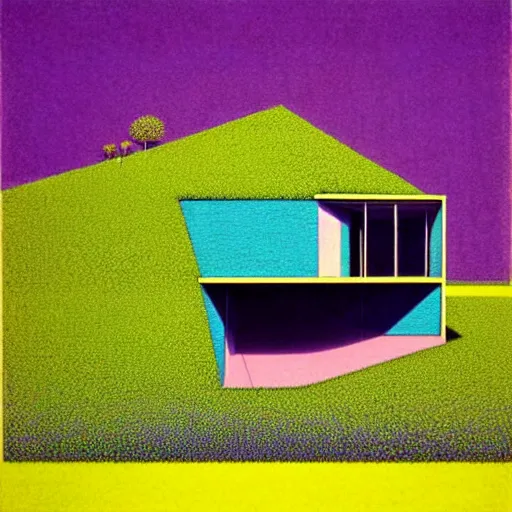 Image similar to surreal glimpse into other universe, house by tadao ando, summer morning, very coherent and colorful high contrast, art by!!!! gediminas pranckevicius!!!!, geof darrow, floralpunk screen printing woodblock, dark shadows, hard lighting, stipple brush technique,