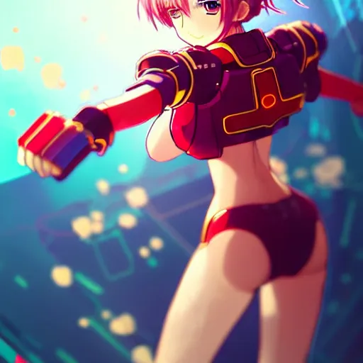 Prompt: digital anime art, wlop, rossdraws, sakimimichan, > > very small cute girl < < standing on a large table, red mech arms and red mech legs,