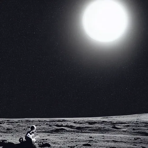 Prompt: cinematographic shot of a long haired man looking down the earth from the moon