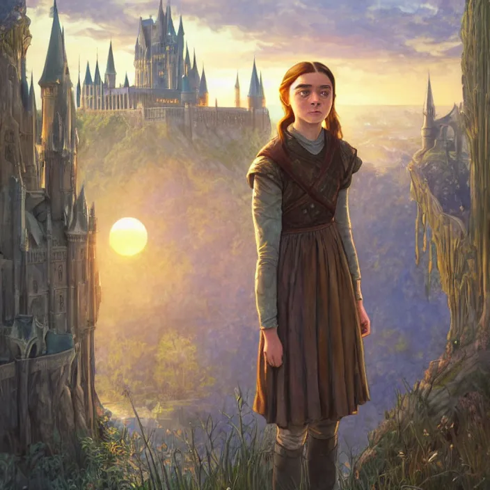 Image similar to young arya stark with hogwarts as background at sunset, highly detailed, gold filigree, romantic storybook fantasy, soft cinematic lighting, award, disney concept art watercolor illustration by mandy jurgens and alphonse mucha and alena aenami, pastel color palette, featured on artstation