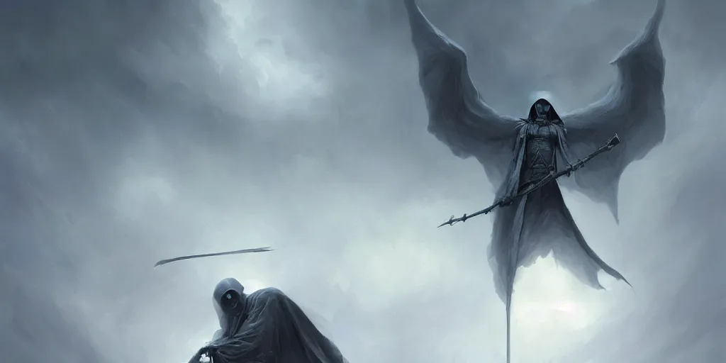 Prompt: the grim reaper, pain, in the sky, pain, soft grey and blue natural light, intricate, digital painting, artstation, concept art, smooth, sharp focus, illustration, art by greg rutkowski and luis rollo and uang guangjian and gil elvgren, symmetry!